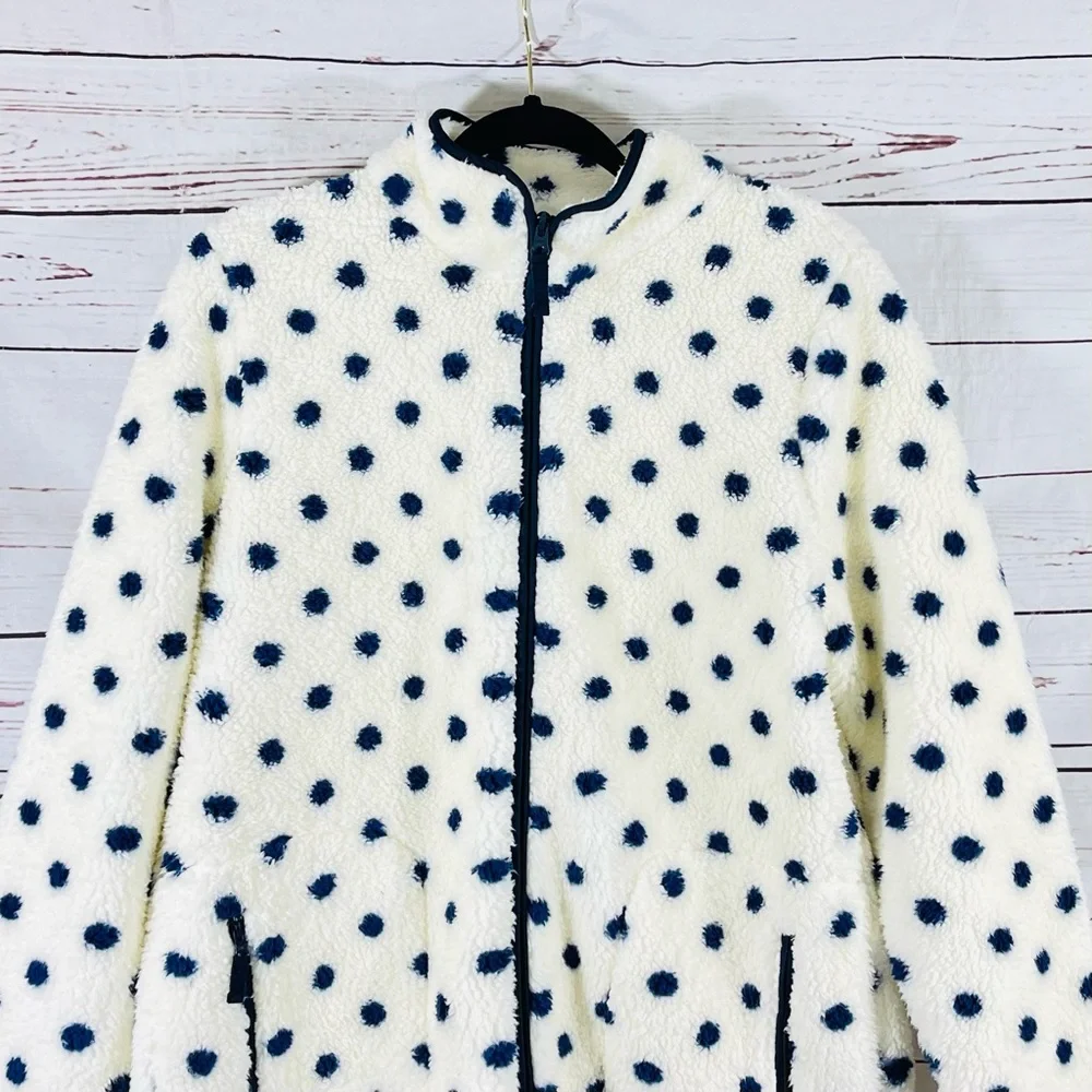 T By Talbots Fleece Jacket Womens Size L Plush Full Zip Sherpa Ivory Polka Dots - Picture 2 of 12